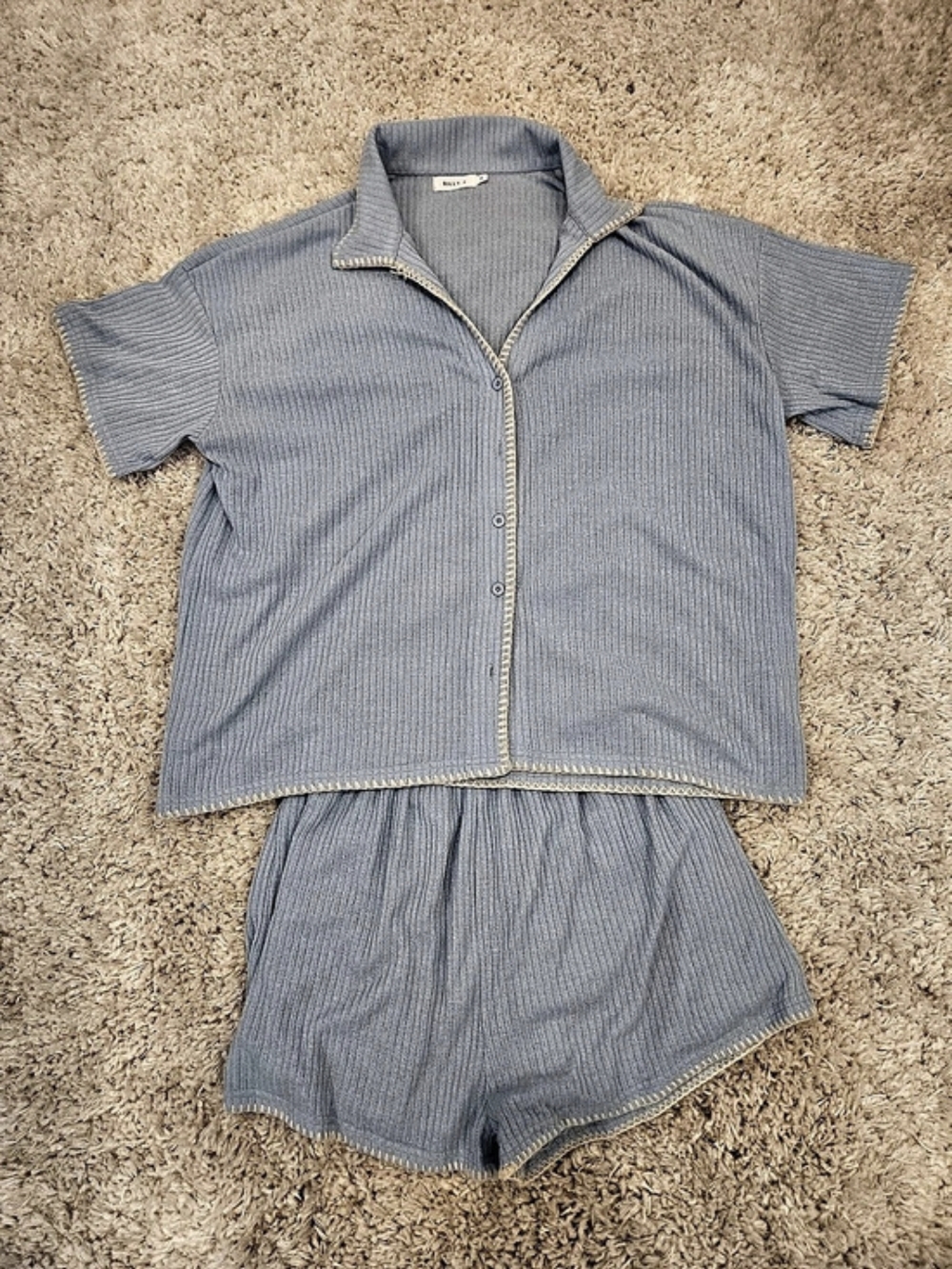 Billy J Blue Ribbed Button-Front Top & Shorts - Picture 4 of 7